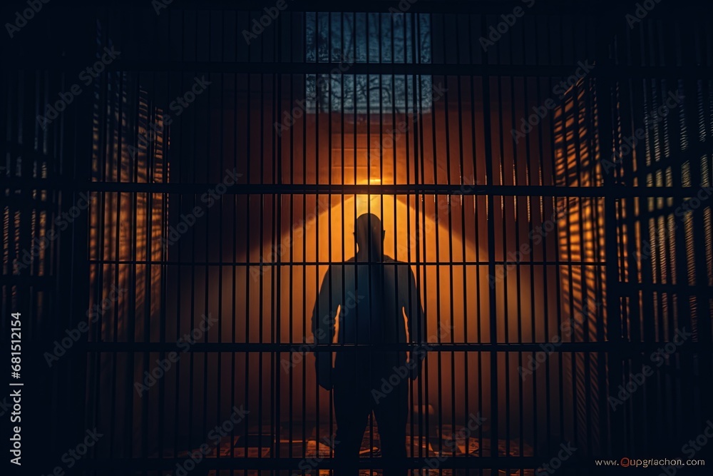 Man in prison. Silhouette of a man in a dark solitary confinement cell. Court and justice. Hope for freedom Man in prison. Silhouette of a man in a dark solitary confinement cell. Court and justice. Hope for freedom