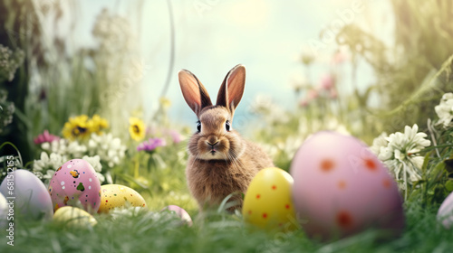 Easter bunny and easter eggs in the meadow with flowers photo