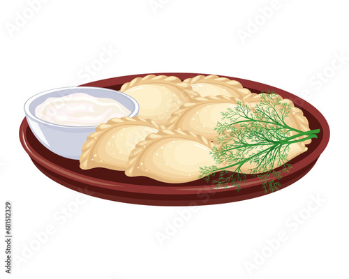 Vareniki with a bowl of sour cream. Ukrainian national cuisine. Food illustration