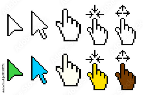 Set of cursor line icon. Computer, mouse, arrow, hover, click, highlight, screen, pixel style. Multicolored icon on white background.