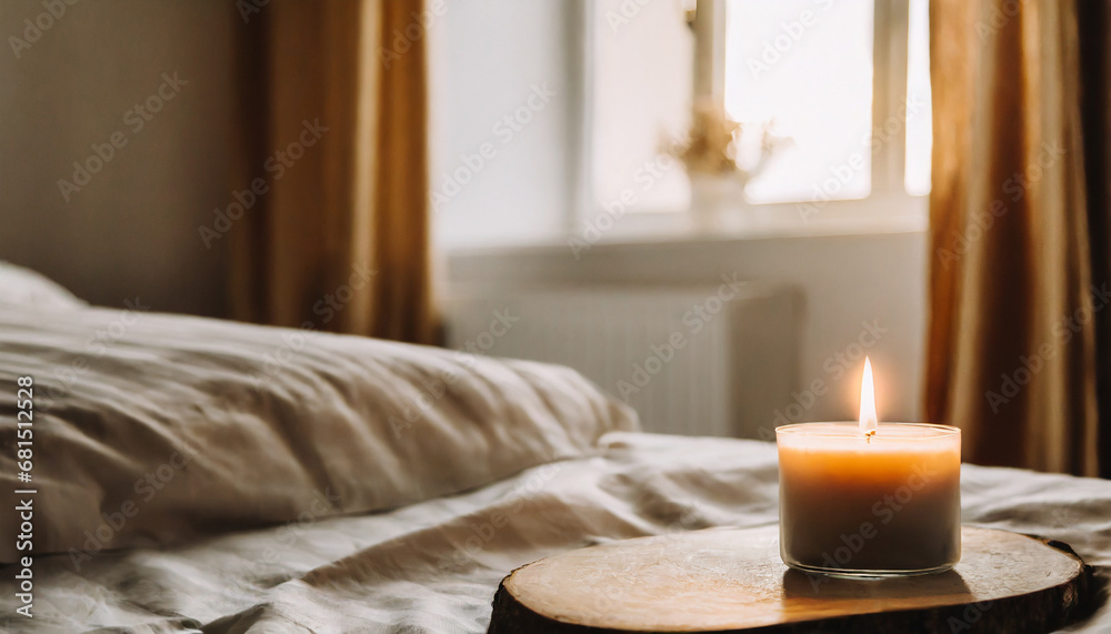 Burning candle in bedroom, cozy aesthetics Burning candle in bedroom, cozy aesthetics