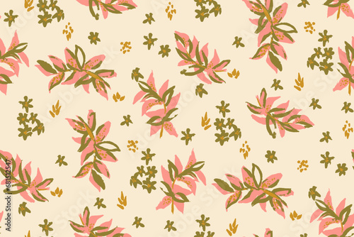 Beautiful floral motif. Leaves intertwined in a seamless pattern on a gentle background © taisiyakozorez