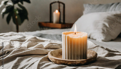 Burning candle in bedroom, cozy aesthetics