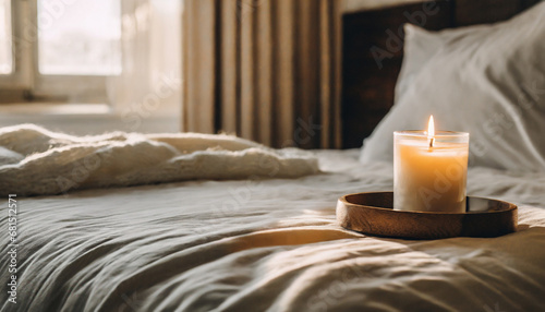 Burning candle in bedroom, cozy aesthetics