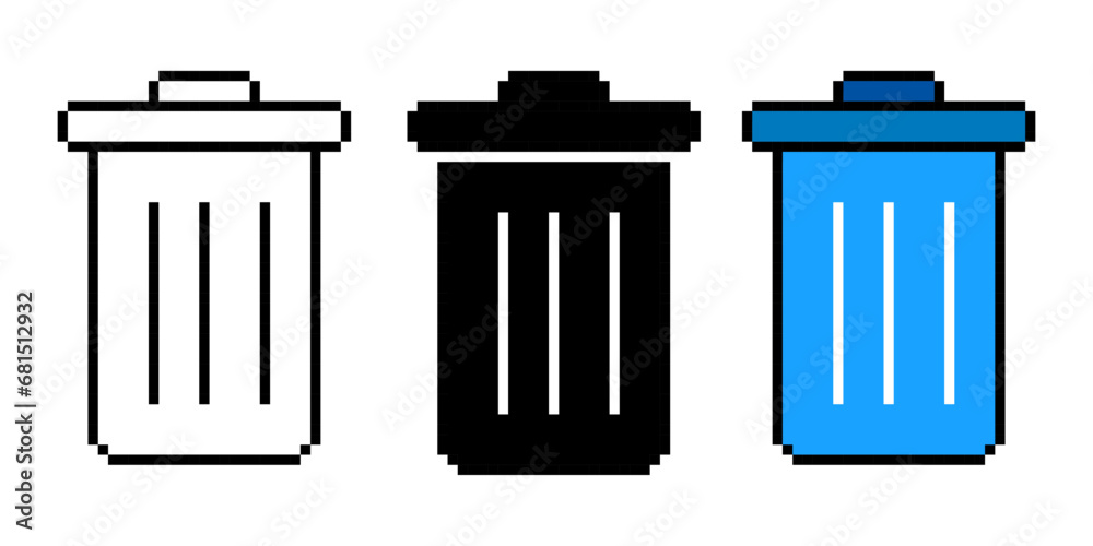 Set of trash can line icon. Recycling, landfill, cleaning, container, ecology, cleanliness, dirt, pixel style. Multicolored icon on white background. Set of trash can line icon. Recycling, landfill, cleaning, container, ecology, cleanliness, dirt, pixel style. Multicolored icon on white background.