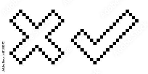 Transparent cross and check mark line icon. Choice, vote, confirm, cancel, test, poll, decision, option, alternative, pixel style. Multicolored icon on white background.