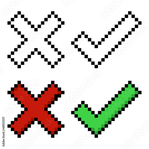 Set of cross and check mark line icon. Choice, vote, confirm, cancel, test, poll, decision, option, alternative, pixel style. Multicolored icon on white background.