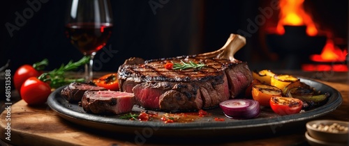 A sizzling steak platter, featuring a large tomahawk ribeye steak, grilled to perfection, served with roasted vegetables and a glass of red wine. 