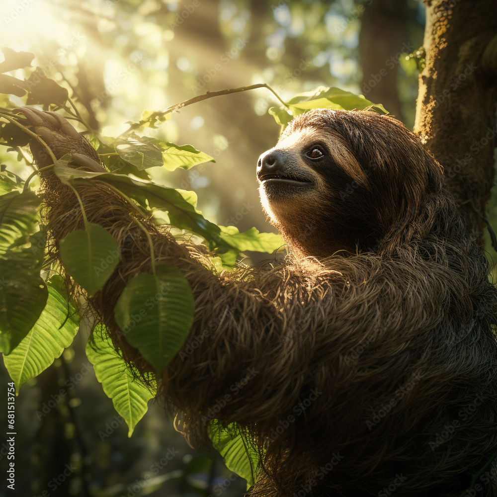 A slow-moving sloth hangs from a verdant branch in the Amazon, its camouflage blending seamlessly with the dappled sunlight. A slow-moving sloth hangs from a verdant branch in the Amazon, its camouflage blending seamlessly with the dappled sunlight.