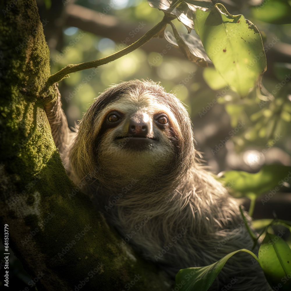 Fototapeta premium A slow-moving sloth hangs from a verdant branch in the Amazon, its camouflage blending seamlessly with the dappled sunlight. 