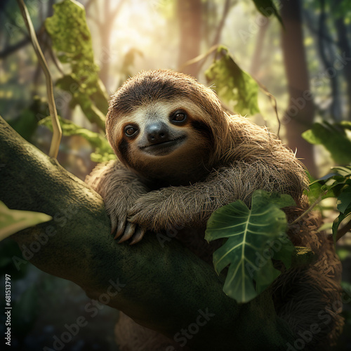 A slow-moving sloth hangs from a verdant branch in the Amazon, its camouflage blending seamlessly with the dappled sunlight.  photo