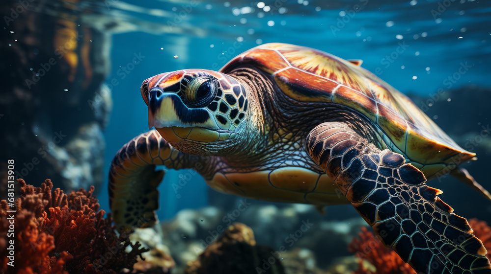 Obraz premium a green sea turtle swimming underwater in the ocean