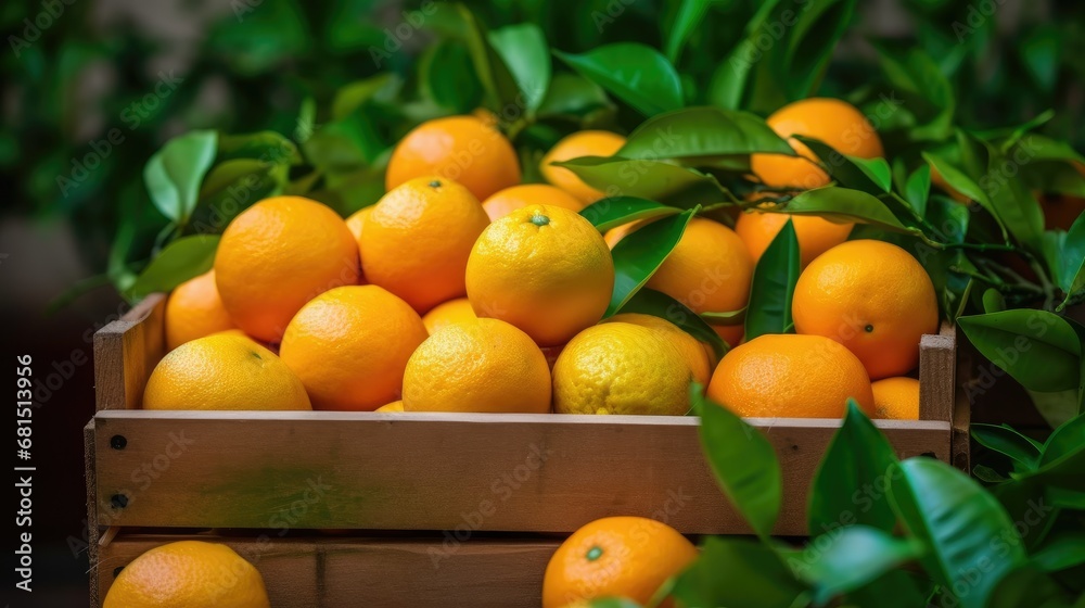 Oranges in a box on the field after harvest. Fruit collection. Seasonal fruits. Citrus