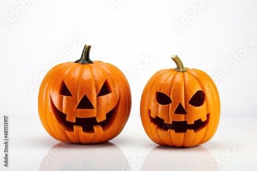 Two funny fngry Halloween pumpkin head jack lantern isolated on white background