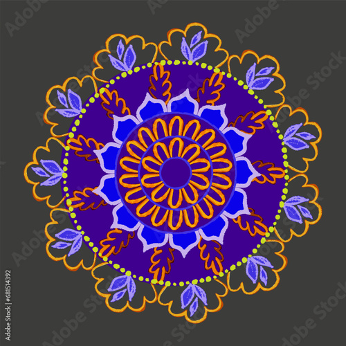 Indian rangoli circle hindu design pencil textured colorful vector card poster