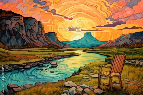 Landscape with mountain lake and chair.