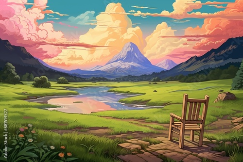 Cartoon landscape with lake and mountain in the background.