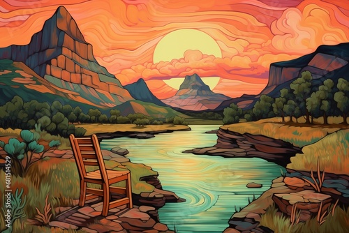 Landscape with lake and mountain in the background.