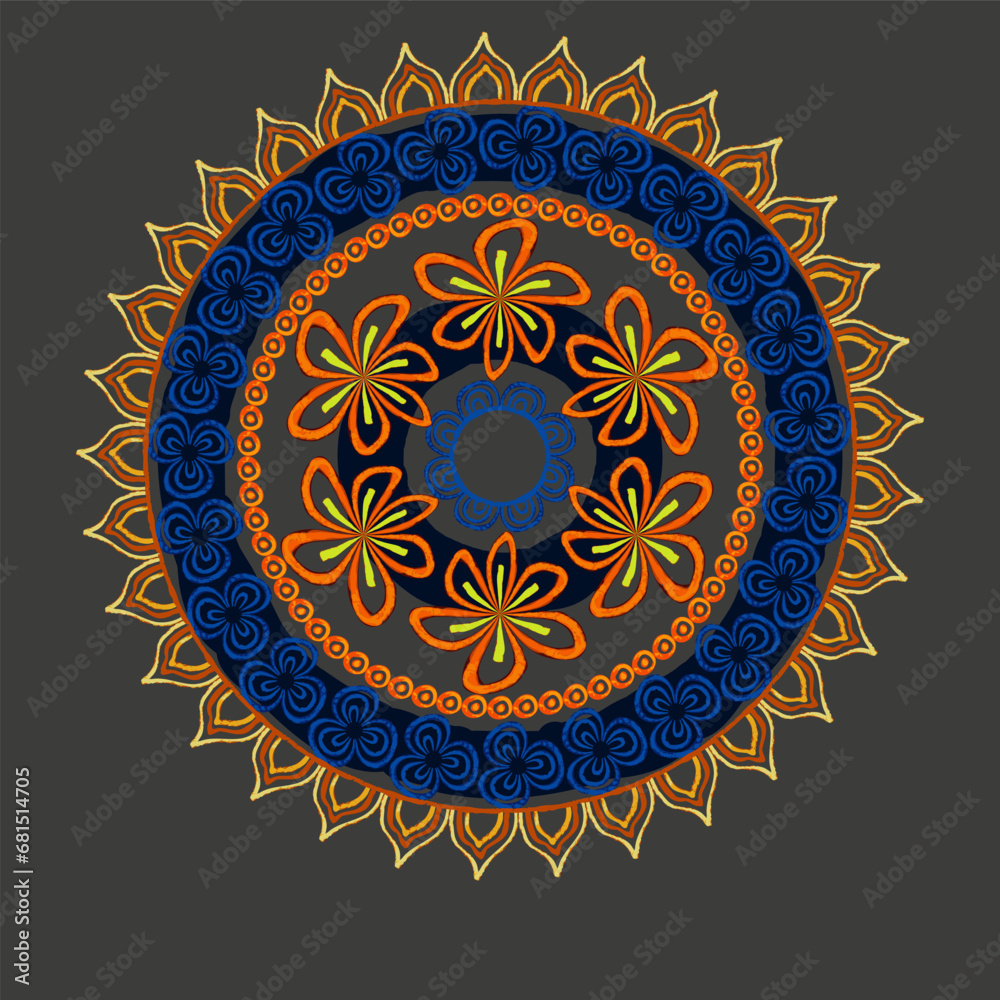 Naklejka premium Indian rangoli circle hindu design pencil textured colorful vector card poster