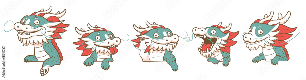 Naklejka premium Curious Peeking Chinese Dragon Cartoon Set - Holidays Cartoon Character. Year of the Dragon 2024, Vector Illustrations Isolated