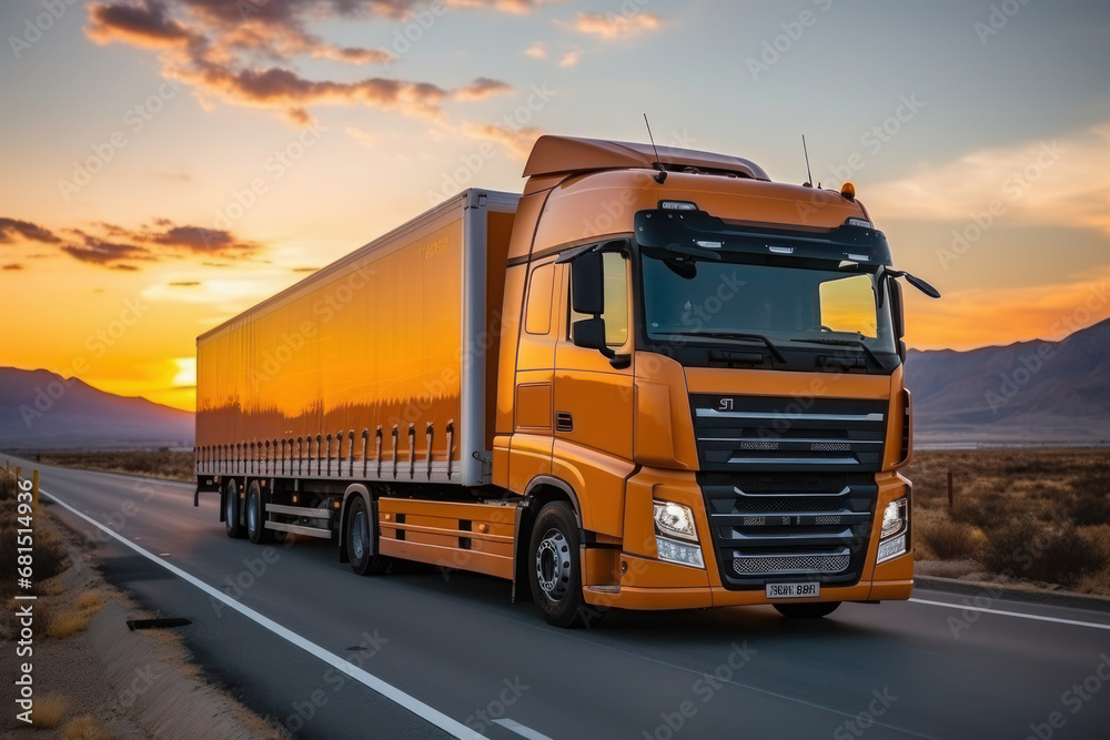 Loaded European truck on motorway in red, orange sunset light. On the road transportation and cargo.