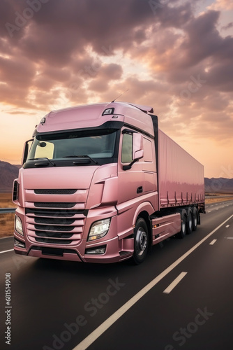 Loaded European truck on motorway in red, orange, pink sunset light. On the road transportation and cargo.