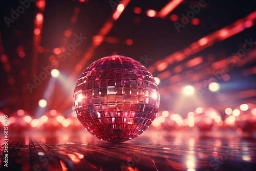 golden, pink disco ball shines and glows. party and celebration in the club. lights and bokeh on the background.