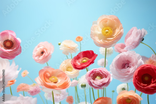 Beautiful spring ranunculus flowers on pastel blue background. Greeting card for International Women Day. Creative composition.
