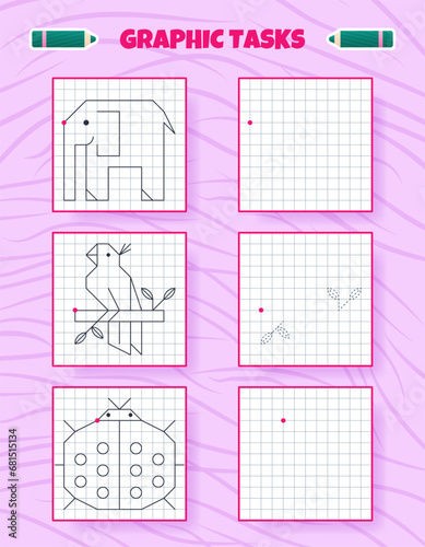 Drawing by cells. Educational game for preschool children. Worksheets for practicing logic and motor skills. Game for kids. Graphic tasks with elephant, parrot, ladybug. Vector illustration