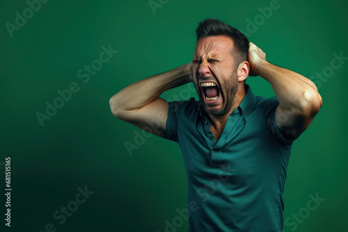 Upset boy, man in green t shirt screaming and crying with opened mouth and closed eyes against