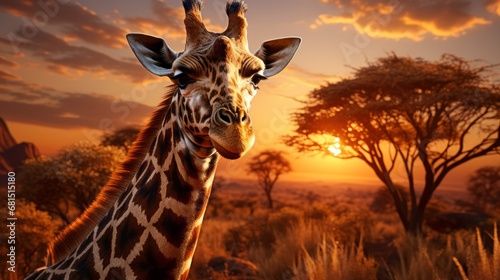 A giraffe in the African savanna against a backdrop