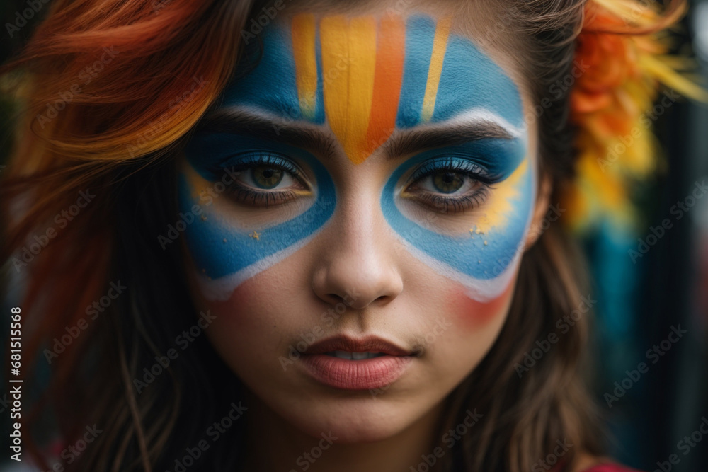 Portrait of the girl with the face painted with different colors. Generative AI. Portrait of the girl with the face painted with different colors. Generative AI.