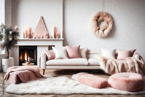 Cozy modern living room with beige calming fur surrounding by many calming light colors