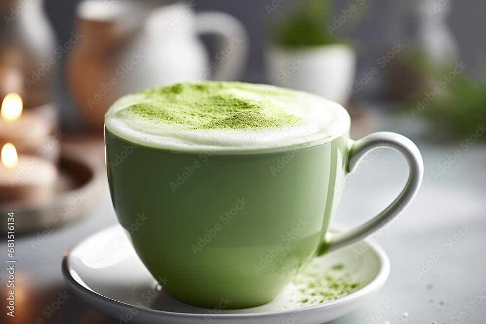 Close up A cup of green tea matcha latte at the table in a caffe. Soft natural summer day lighting Close up A cup of green tea matcha latte at the table in a caffe. Soft natural summer day lighting