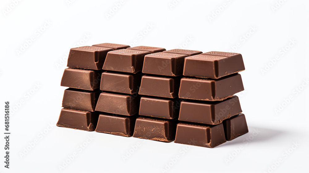 Close -up a chocolate bar isolated on white background. Broken chocolate pieces on white. A shot of porous milk chocolate. Close -up a chocolate bar isolated on white background. Broken chocolate pieces on white. A shot of porous milk chocolate.