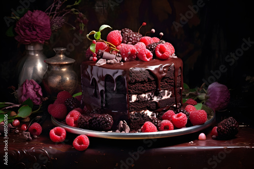 Chocolate cake with raspberries on black background promotional commercial photo
