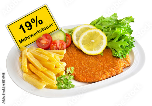 Schnitzel mit Pommes Frites und Deutsche Mehrwertsteuer MWST 19 % Hintergrund transparent PNG cut out photo