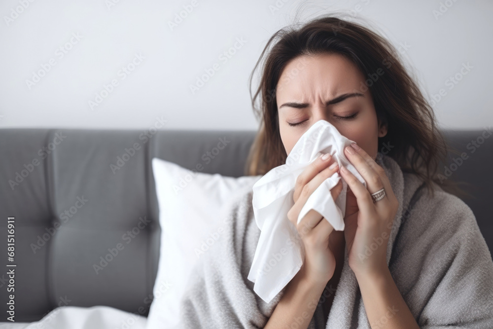 Portrait of sick woman with flu wiping her nose at home Portrait of sick woman with flu wiping her nose at home