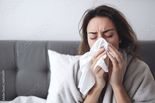 Portrait of sick woman with flu wiping her nose at home