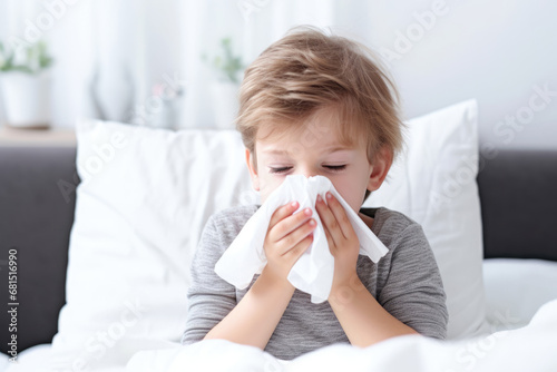a little boy with flu blowing his nose with tissue at home in bed