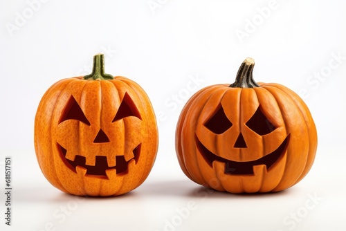 Two funny fngry Halloween pumpkin head jack lantern isolated on white background