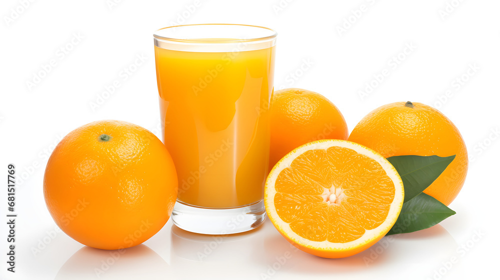 Orange juice and orange slices on white background Orange juice and orange slices on white background