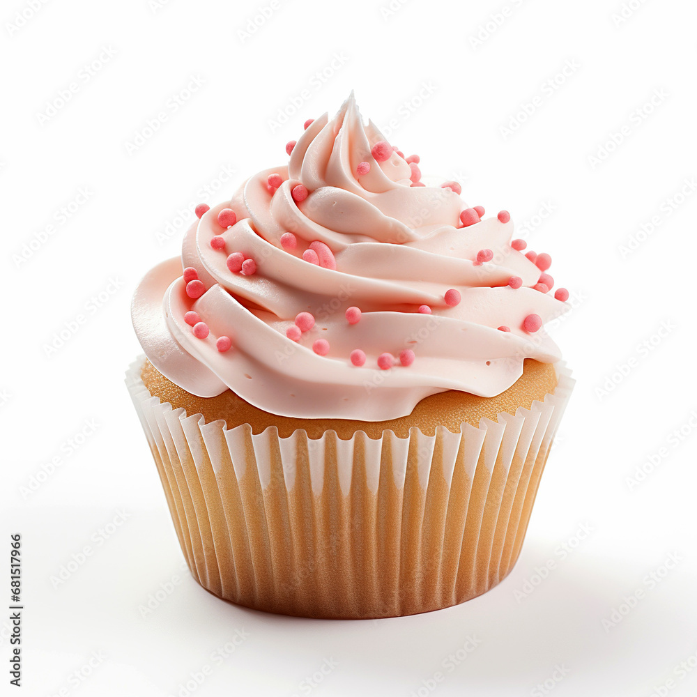 Cupcake with whipped pink cream isolated on white background. Delicious cupcake. Cupcake with whipped pink cream isolated on white background. Delicious cupcake.