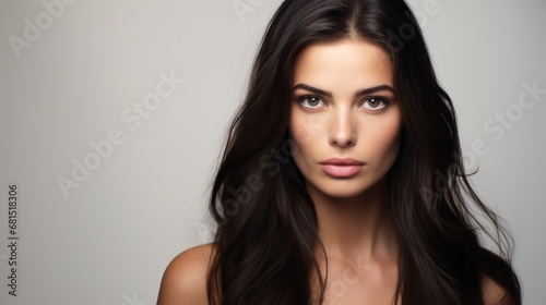 Portrait of a brunette woman with long black hair, clear skin and natural makeup