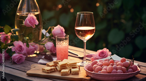 Bottle and glasses of pink rose wine with snack boar