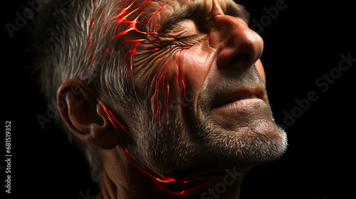 Middle-aged man with severe headache. Closeup of man with health problems. Person suffering from migraine. Sick man. Conceptual image of intense pain, illness, suffering, toothache, earache,