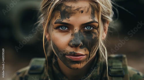 Woman with war paint on her face and in military clothes
