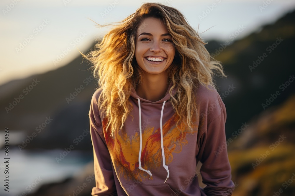 Young woman is smiling and standing outdoors