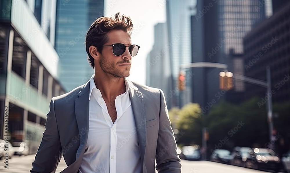A man in a red coat and sunglasses standing in front of a building A man in a red coat and sunglasses standing in front of a building