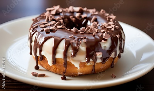 A chocolate covered doughnut on a plate